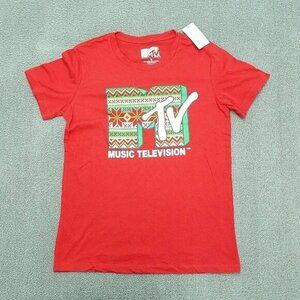 NWT MTV Music Television T-Shirt Women Size Medium‎ Red Green Ugly Sweater